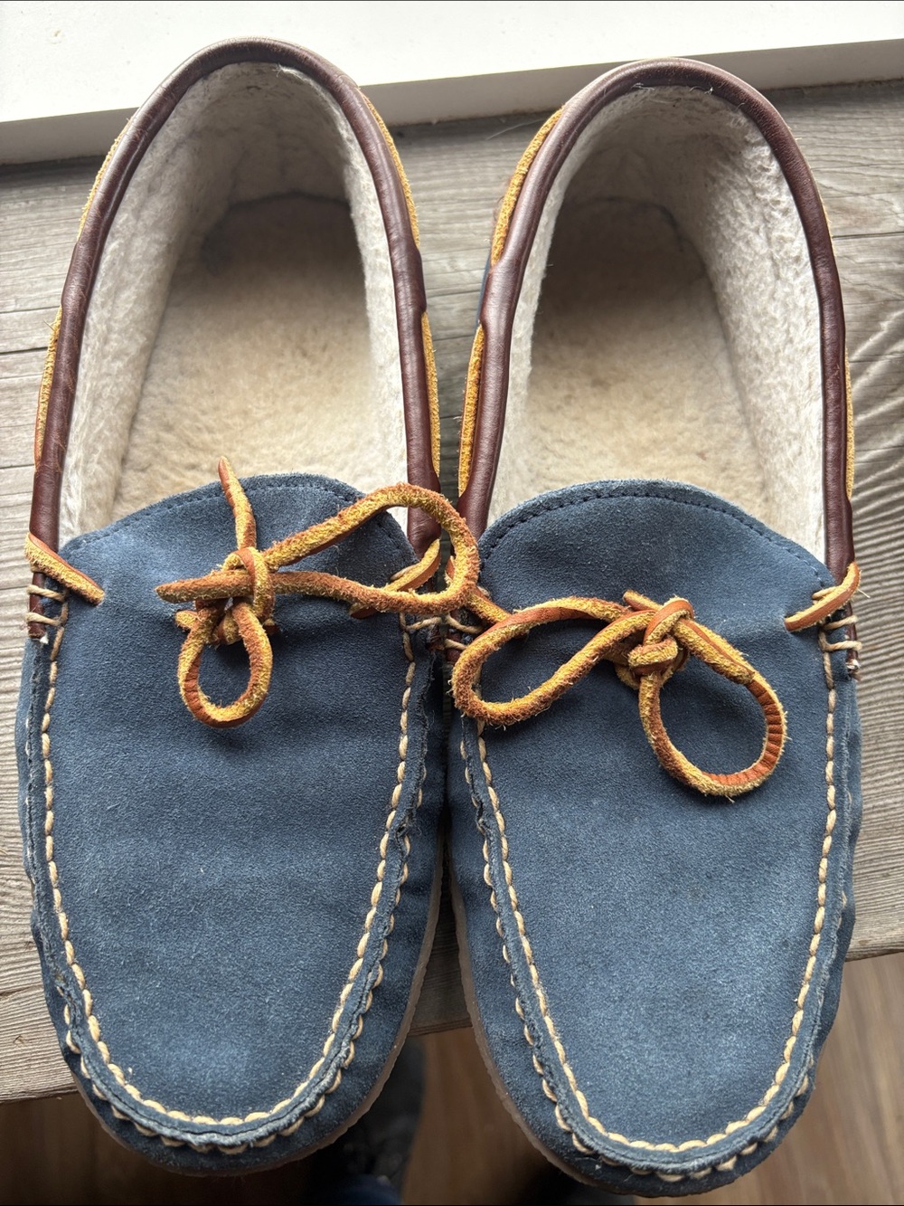 L.L. Bean Blue Suede Moccasin Loafers with Tan Laces